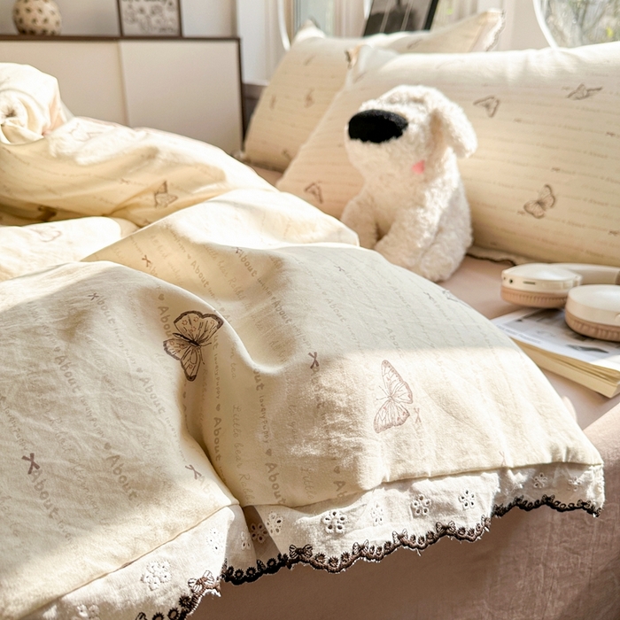 91家纺网 家纺一手货源 找家纺 芯贝儿 2026新款A类仿棉古法水洗棉复古法式花边四件套（提供买家秀） 漫花蝶舞