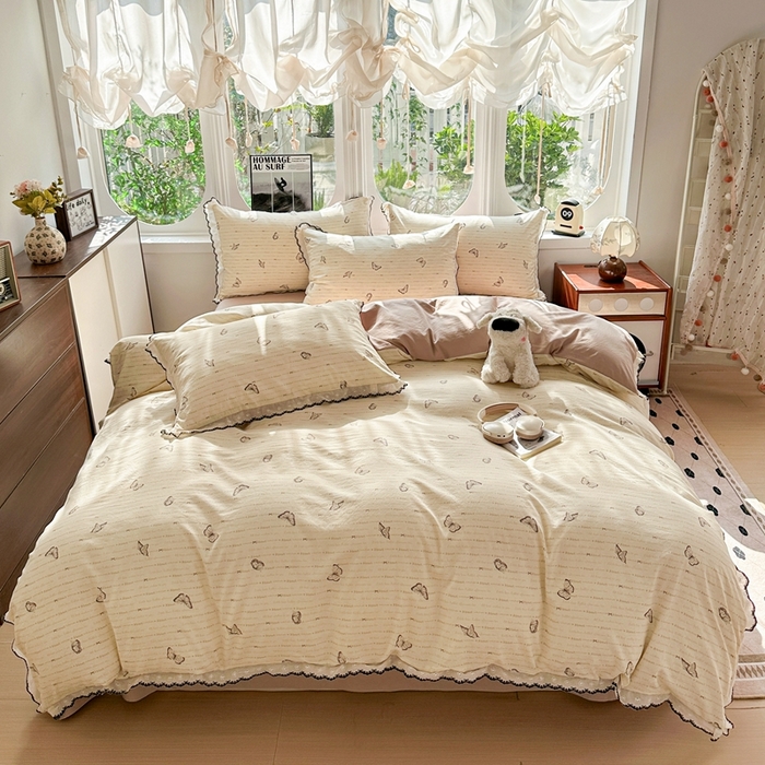 91家纺网 家纺一手货源 找家纺 芯贝儿 2026新款A类仿棉古法水洗棉复古法式花边四件套（提供买家秀） 漫花蝶舞