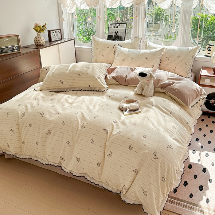 91家纺网 家纺一手货源 找家纺 芯贝儿 2026新款A类仿棉古法水洗棉复古法式花边四件套（提供买家秀） 漫花蝶舞