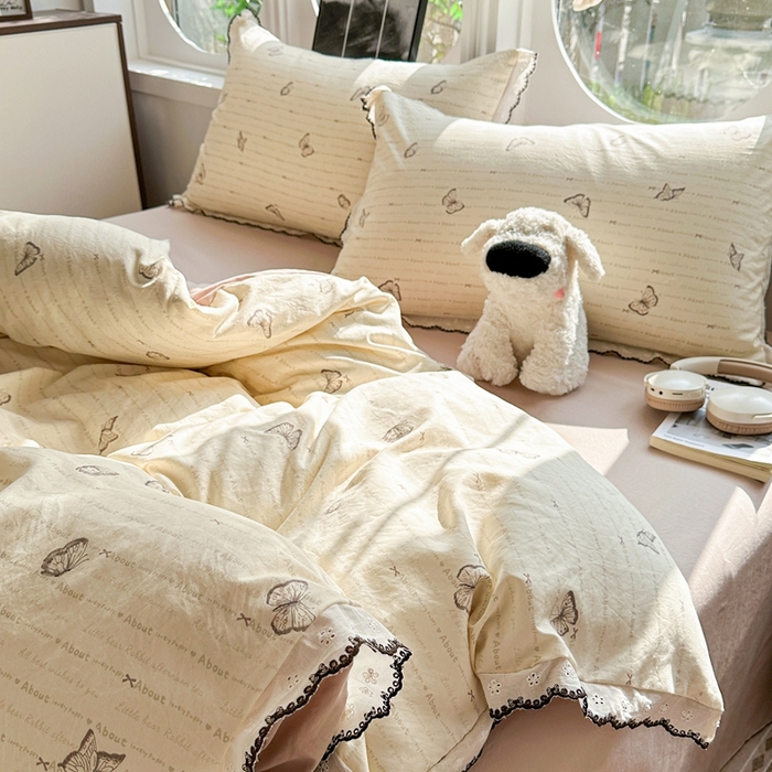 91家纺网 家纺一手货源 找家纺 芯贝儿 2026新款A类仿棉古法水洗棉复古法式花边四件套（提供买家秀） 漫花蝶舞