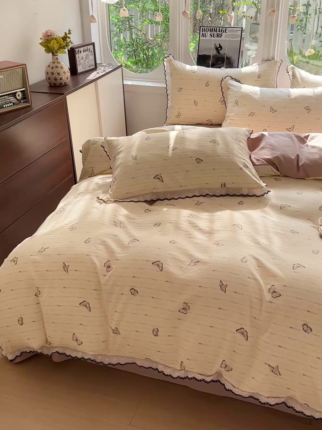 91家纺网 家纺一手货源 找家纺 芯贝儿 2026新款A类仿棉古法水洗棉复古法式花边四件套（提供买家秀） 漫花蝶舞