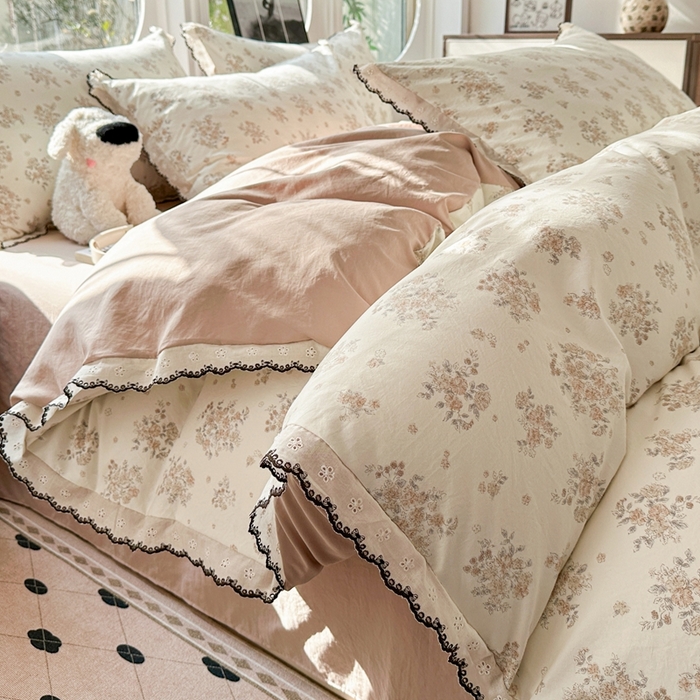 芯贝儿 2026新款A类仿棉古法水洗棉复古法式花边四件套（提供买家秀） 甜菊