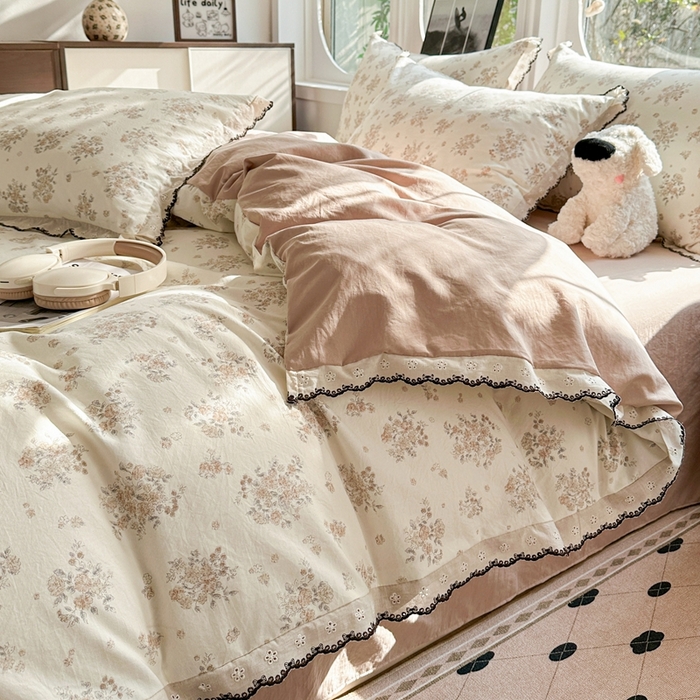 91家纺网 家纺一手货源 找家纺 芯贝儿 2026新款A类仿棉古法水洗棉复古法式花边四件套（提供买家秀） 甜菊