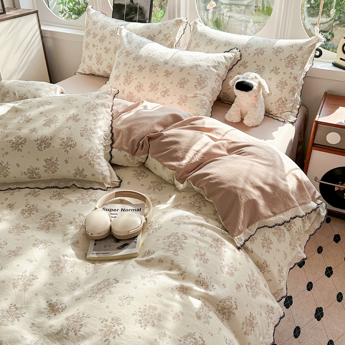 91家纺网 家纺一手货源 找家纺 芯贝儿 2026新款A类仿棉古法水洗棉复古法式花边四件套（提供买家秀） 甜菊