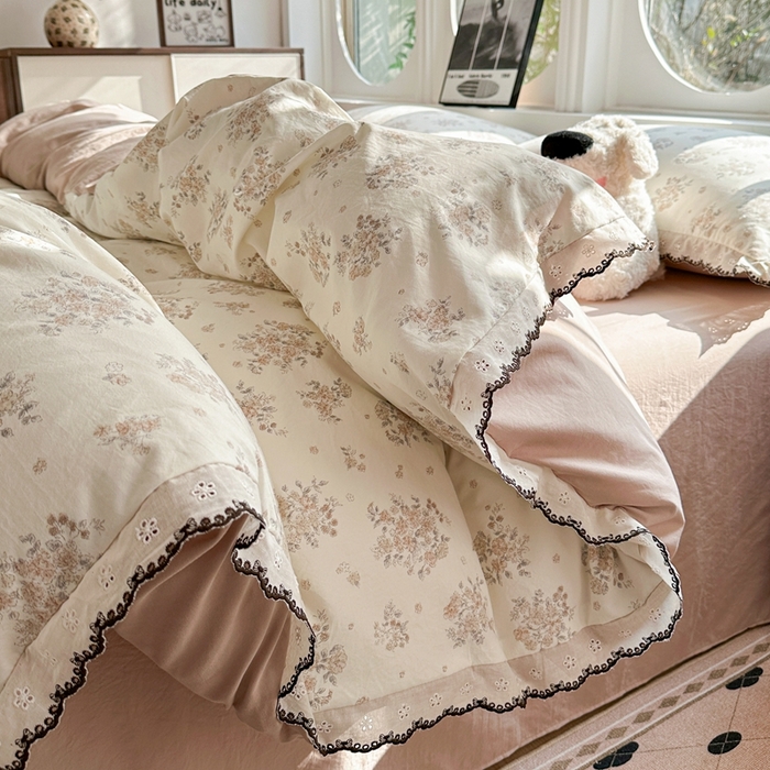 91家纺网 家纺一手货源 找家纺 芯贝儿 2026新款A类仿棉古法水洗棉复古法式花边四件套（提供买家秀） 甜菊