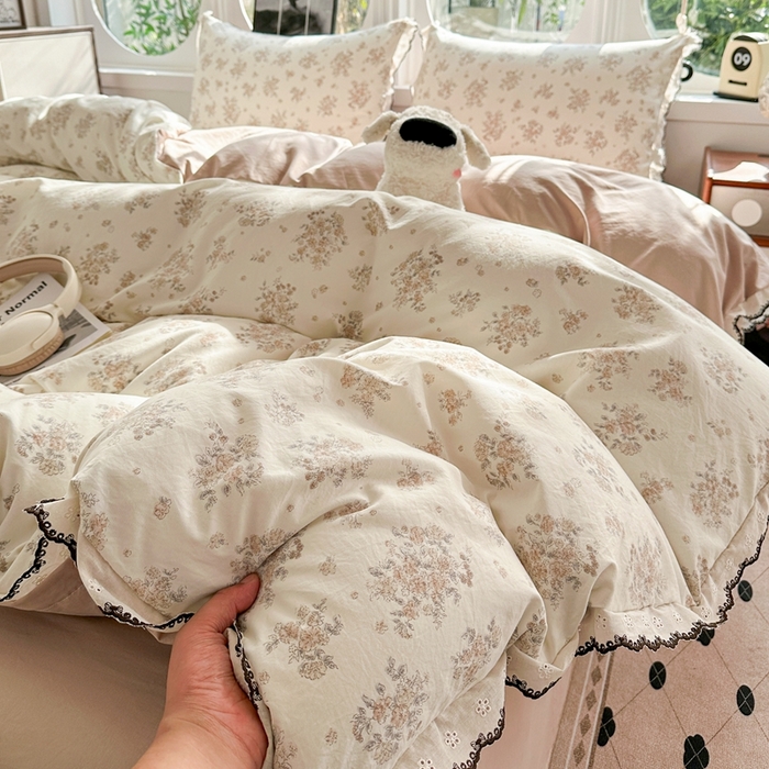 91家纺网 家纺一手货源 找家纺 芯贝儿 2026新款A类仿棉古法水洗棉复古法式花边四件套（提供买家秀） 甜菊