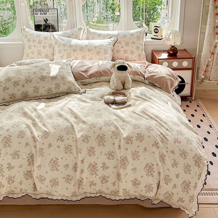 91家纺网 家纺一手货源 找家纺 芯贝儿 2026新款A类仿棉古法水洗棉复古法式花边四件套（提供买家秀） 甜菊