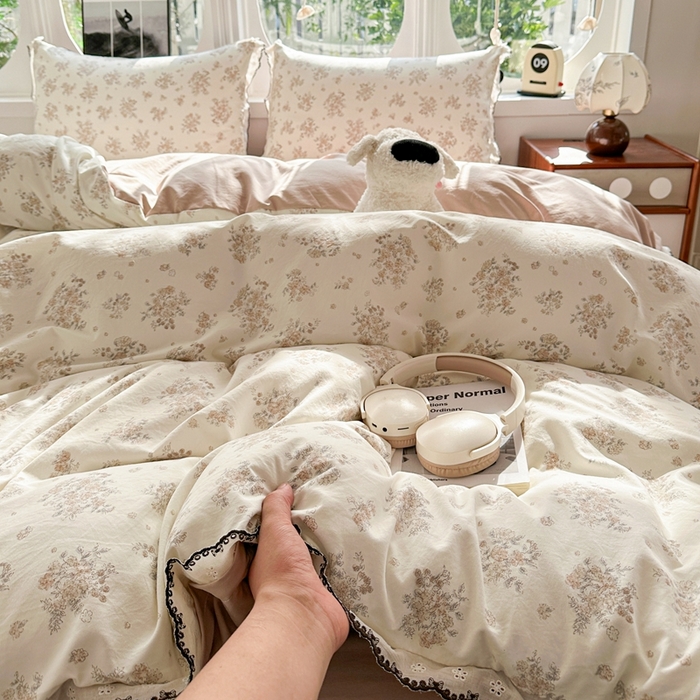 91家纺网 家纺一手货源 找家纺 芯贝儿 2026新款A类仿棉古法水洗棉复古法式花边四件套（提供买家秀） 甜菊
