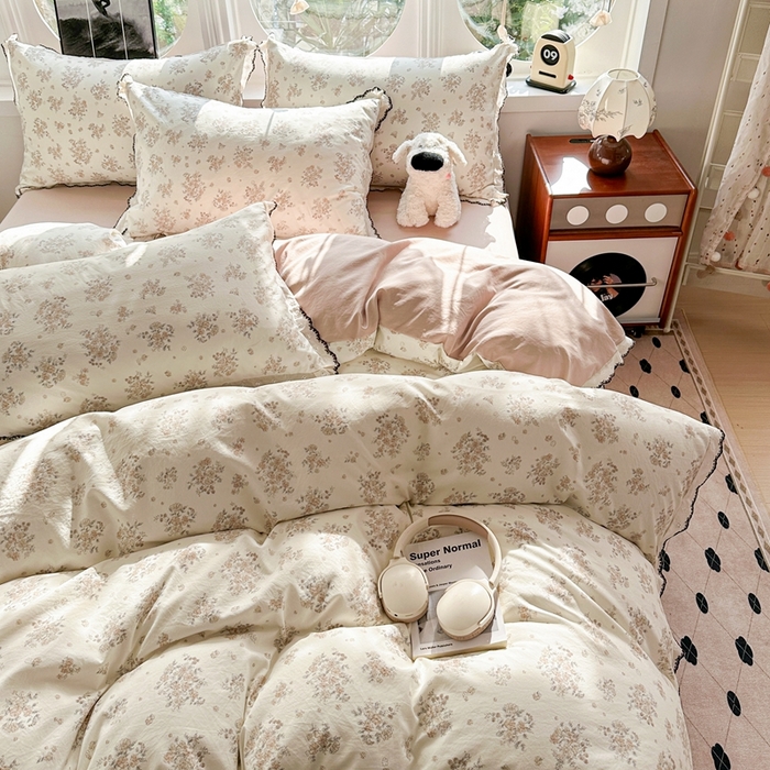 91家纺网 家纺一手货源 找家纺 芯贝儿 2026新款A类仿棉古法水洗棉复古法式花边四件套（提供买家秀） 甜菊