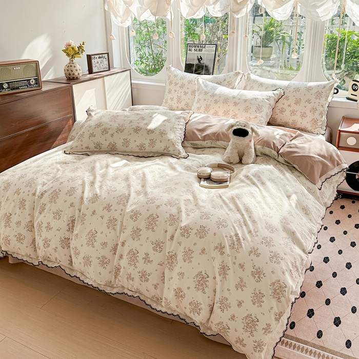 91家纺网 家纺一手货源 找家纺 芯贝儿 2026新款A类仿棉古法水洗棉复古法式花边四件套（提供买家秀） 甜菊