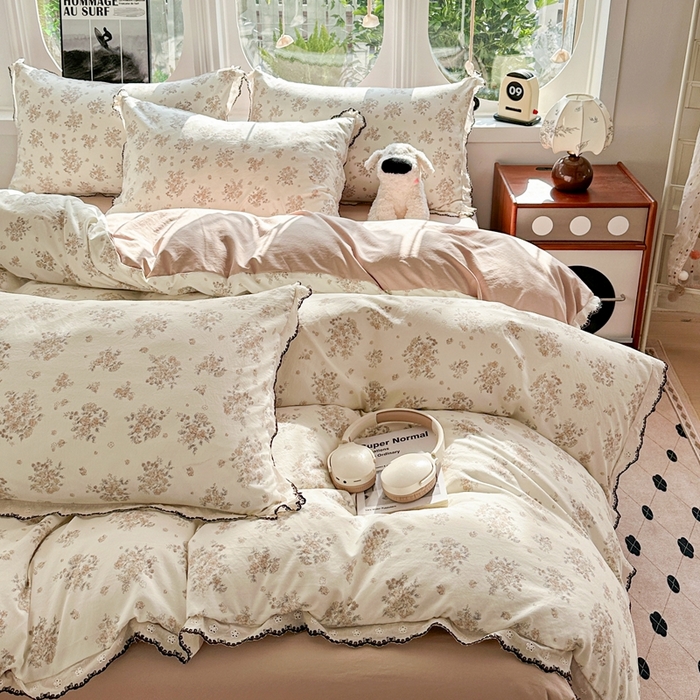 91家纺网 家纺一手货源 找家纺 芯贝儿 2026新款A类仿棉古法水洗棉复古法式花边四件套（提供买家秀） 甜菊