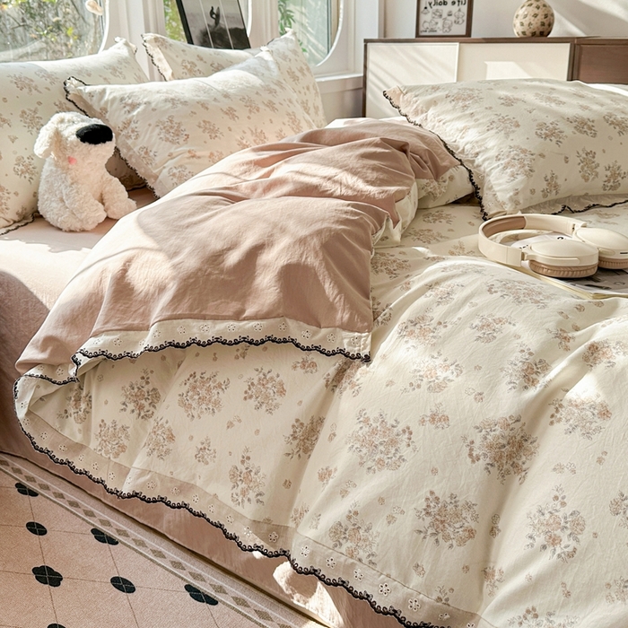 91家纺网 家纺一手货源 找家纺 芯贝儿 2026新款A类仿棉古法水洗棉复古法式花边四件套（提供买家秀） 甜菊