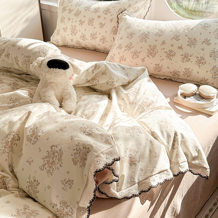 91家纺网 家纺一手货源 找家纺 芯贝儿 2026新款A类仿棉古法水洗棉复古法式花边四件套（提供买家秀） 甜菊