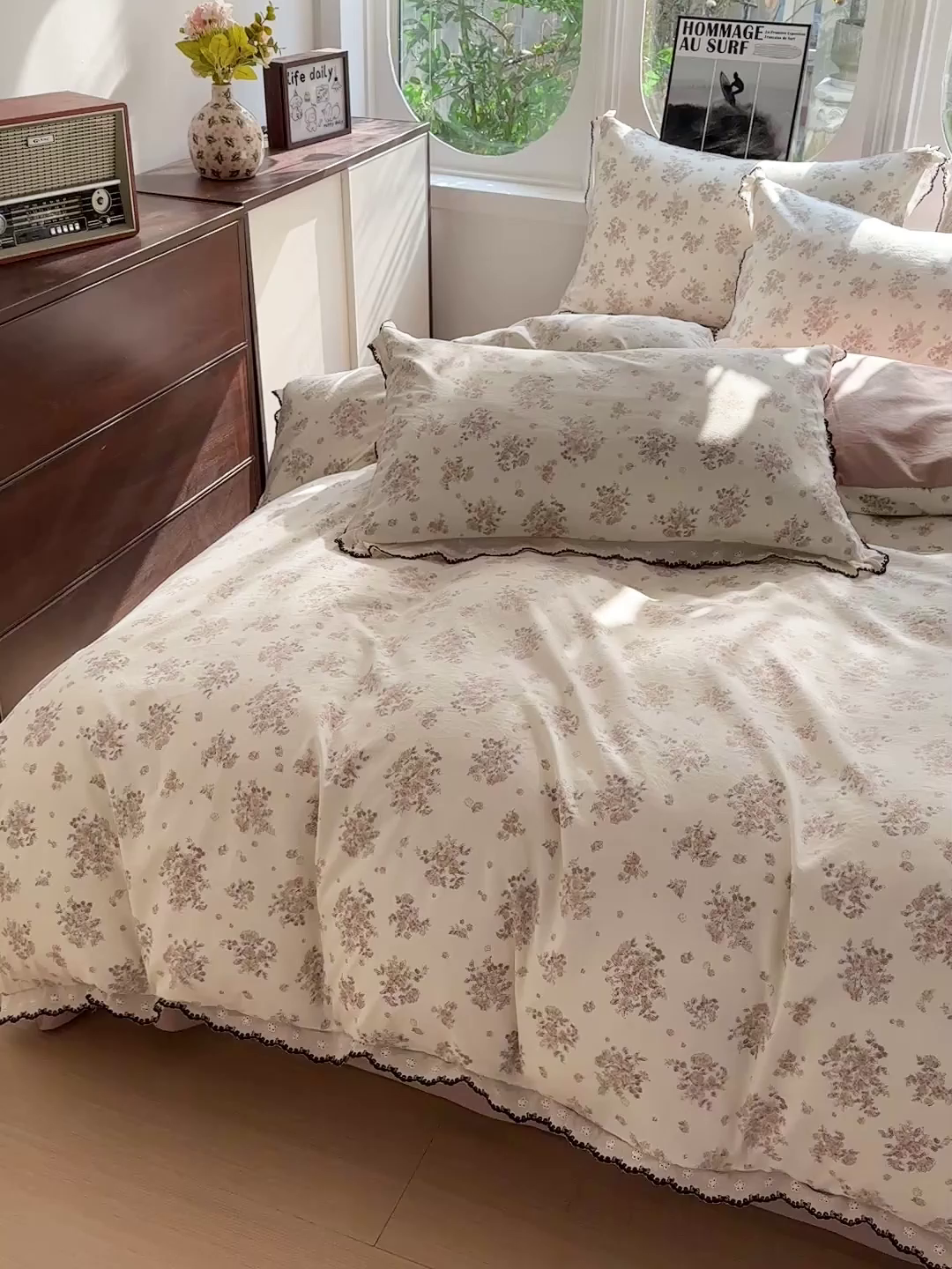91家纺网 家纺一手货源 找家纺 芯贝儿 2026新款A类仿棉古法水洗棉复古法式花边四件套（提供买家秀） 甜菊