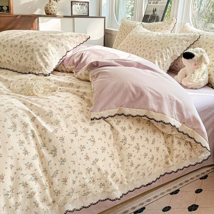 91家纺网 家纺一手货源 找家纺 芯贝儿 2026新款A类仿棉古法水洗棉复古法式花边四件套（提供买家秀） 屹花