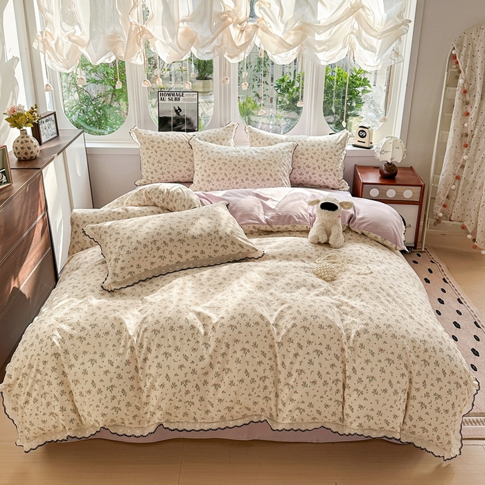 91家纺网 家纺一手货源 找家纺 芯贝儿 2026新款A类仿棉古法水洗棉复古法式花边四件套（提供买家秀） 屹花