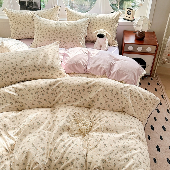 91家纺网 家纺一手货源 找家纺 芯贝儿 2026新款A类仿棉古法水洗棉复古法式花边四件套（提供买家秀） 屹花