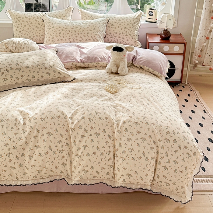 91家纺网 家纺一手货源 找家纺 芯贝儿 2026新款A类仿棉古法水洗棉复古法式花边四件套（提供买家秀） 屹花