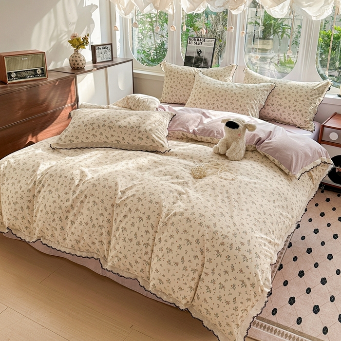 91家纺网 家纺一手货源 找家纺 芯贝儿 2026新款A类仿棉古法水洗棉复古法式花边四件套（提供买家秀） 屹花