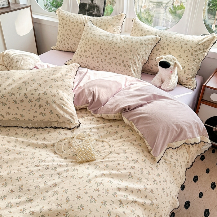 91家纺网 家纺一手货源 找家纺 芯贝儿 2026新款A类仿棉古法水洗棉复古法式花边四件套（提供买家秀） 屹花