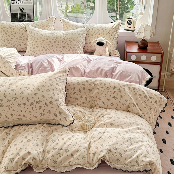 91家纺网 家纺一手货源 找家纺 芯贝儿 2026新款A类仿棉古法水洗棉复古法式花边四件套（提供买家秀） 屹花