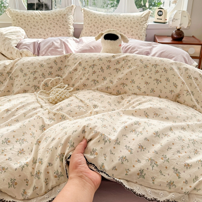 91家纺网 家纺一手货源 找家纺 芯贝儿 2026新款A类仿棉古法水洗棉复古法式花边四件套（提供买家秀） 屹花