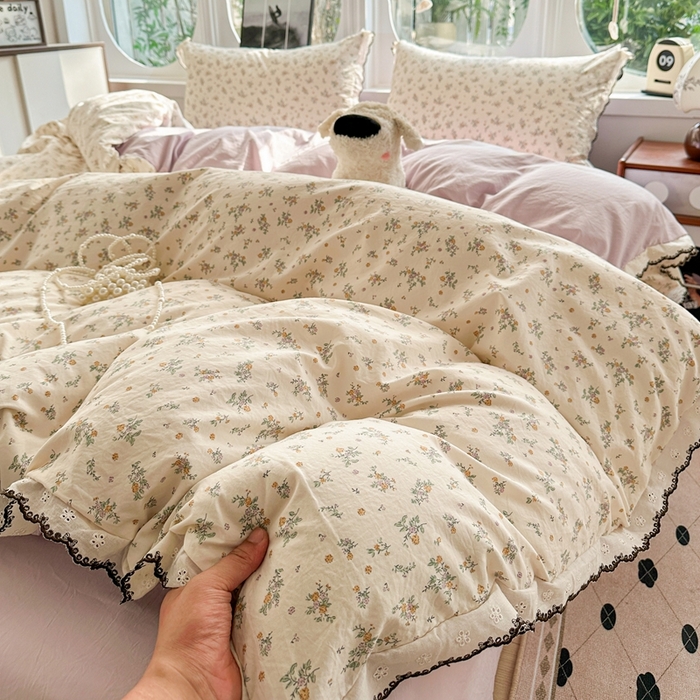 91家纺网 家纺一手货源 找家纺 芯贝儿 2026新款A类仿棉古法水洗棉复古法式花边四件套（提供买家秀） 屹花