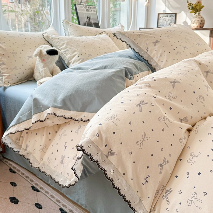 芯贝儿 2026新款A类仿棉古法水洗棉复古法式花边四件套（提供买家秀） 雨沫