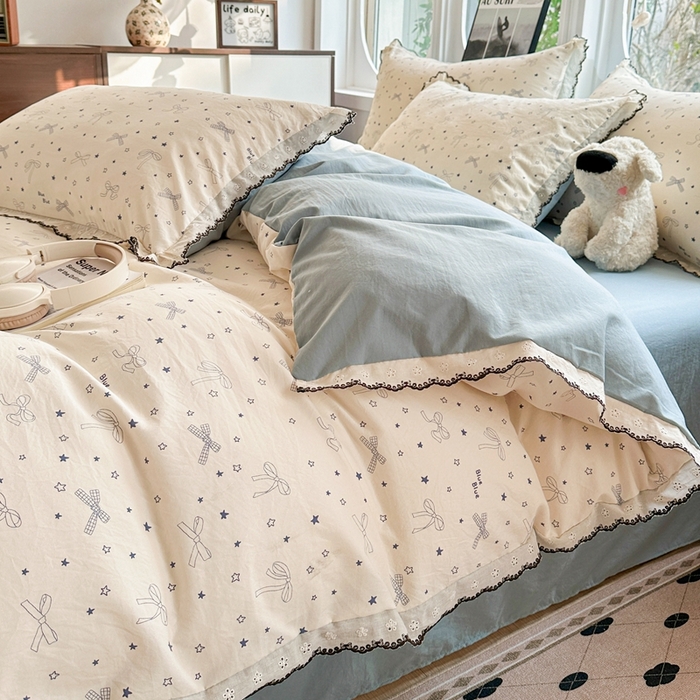 91家纺网 家纺一手货源 找家纺 芯贝儿 2026新款A类仿棉古法水洗棉复古法式花边四件套（提供买家秀） 雨沫