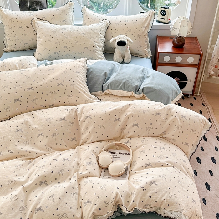 91家纺网 家纺一手货源 找家纺 芯贝儿 2026新款A类仿棉古法水洗棉复古法式花边四件套（提供买家秀） 雨沫