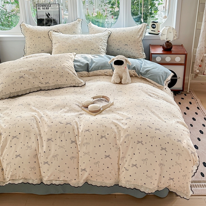 91家纺网 家纺一手货源 找家纺 芯贝儿 2026新款A类仿棉古法水洗棉复古法式花边四件套（提供买家秀） 雨沫