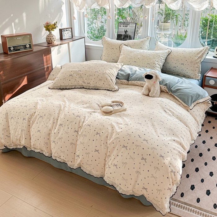 91家纺网 家纺一手货源 找家纺 芯贝儿 2026新款A类仿棉古法水洗棉复古法式花边四件套（提供买家秀） 雨沫