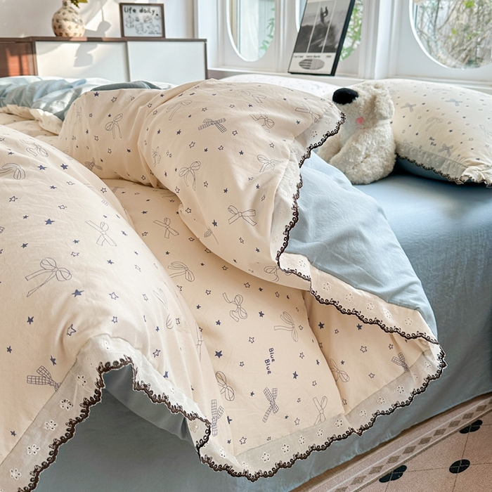 91家纺网 家纺一手货源 找家纺 芯贝儿 2026新款A类仿棉古法水洗棉复古法式花边四件套（提供买家秀） 雨沫