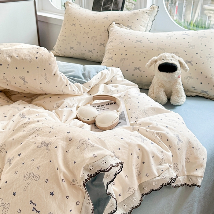 91家纺网 家纺一手货源 找家纺 芯贝儿 2026新款A类仿棉古法水洗棉复古法式花边四件套（提供买家秀） 雨沫