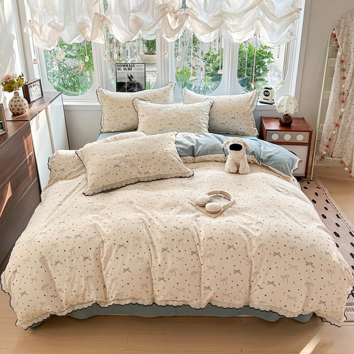 91家纺网 家纺一手货源 找家纺 芯贝儿 2026新款A类仿棉古法水洗棉复古法式花边四件套（提供买家秀） 雨沫