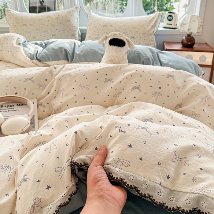 91家纺网 家纺一手货源 找家纺 芯贝儿 2026新款A类仿棉古法水洗棉复古法式花边四件套（提供买家秀） 雨沫