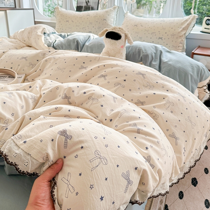 91家纺网 家纺一手货源 找家纺 芯贝儿 2026新款A类仿棉古法水洗棉复古法式花边四件套（提供买家秀） 雨沫