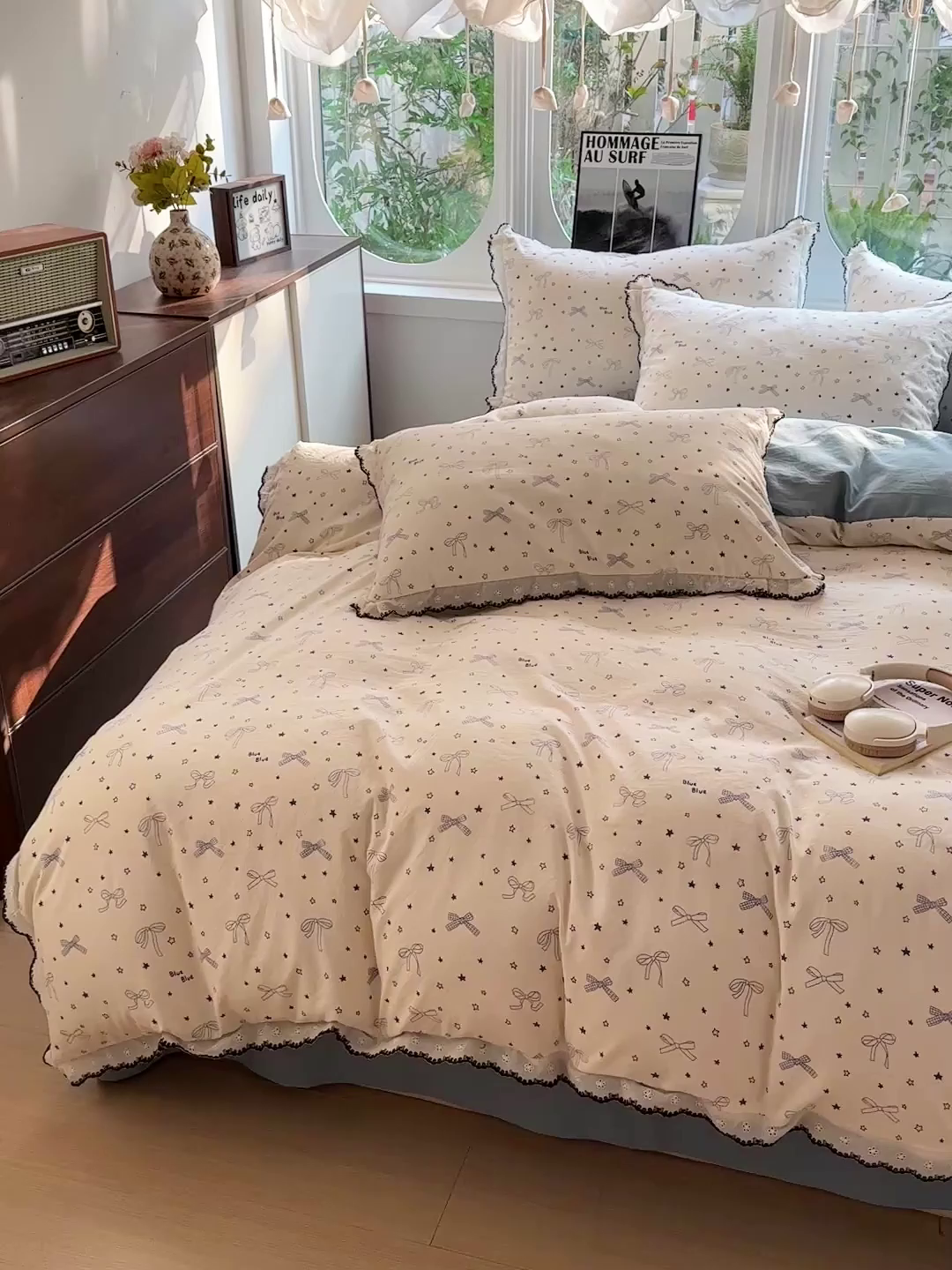 91家纺网 家纺一手货源 找家纺 芯贝儿 2026新款A类仿棉古法水洗棉复古法式花边四件套（提供买家秀） 雨沫