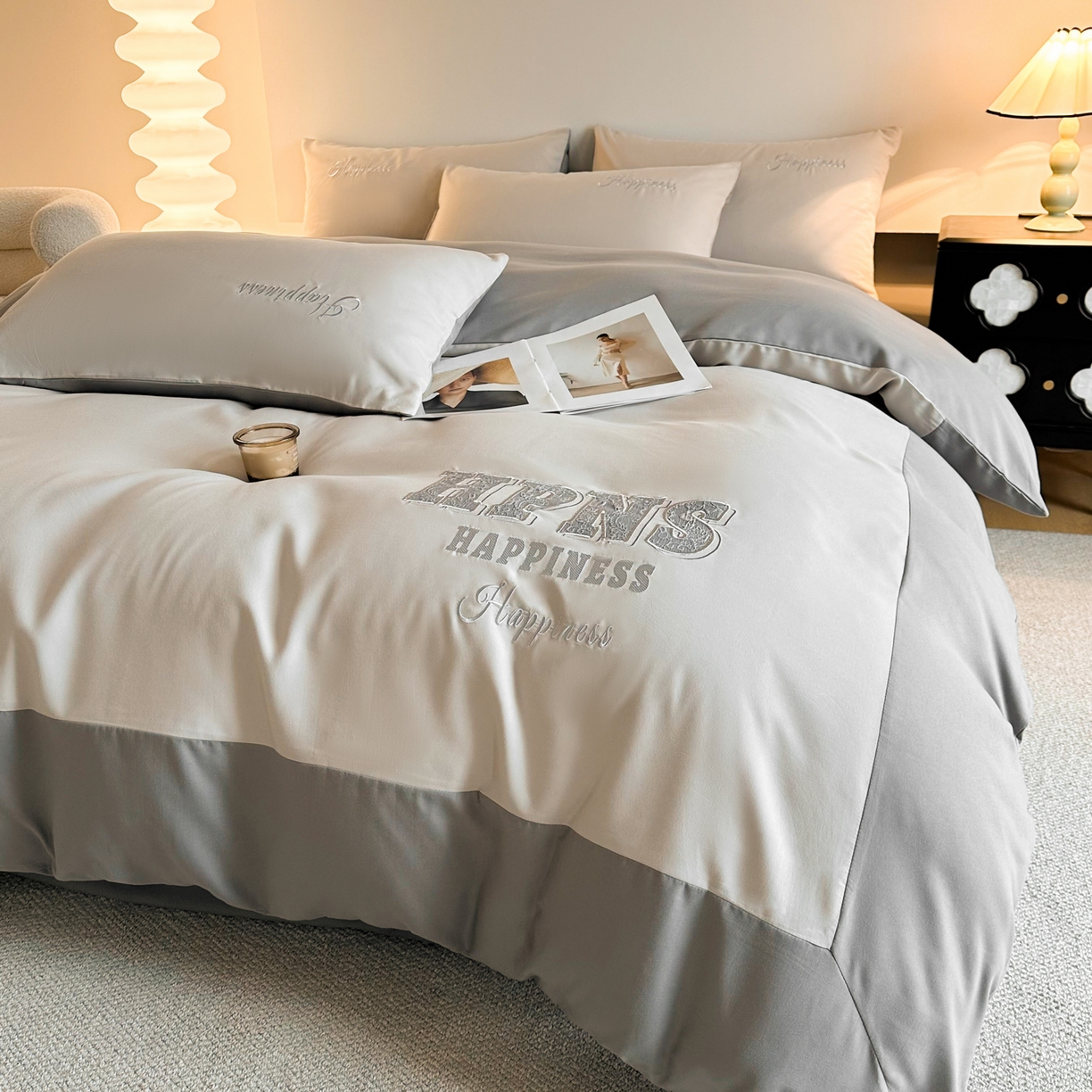 91家纺网 家纺一手货源 找家纺 麦空家居 2026新款提花大拼角贴布水洗棉四件套 山灰