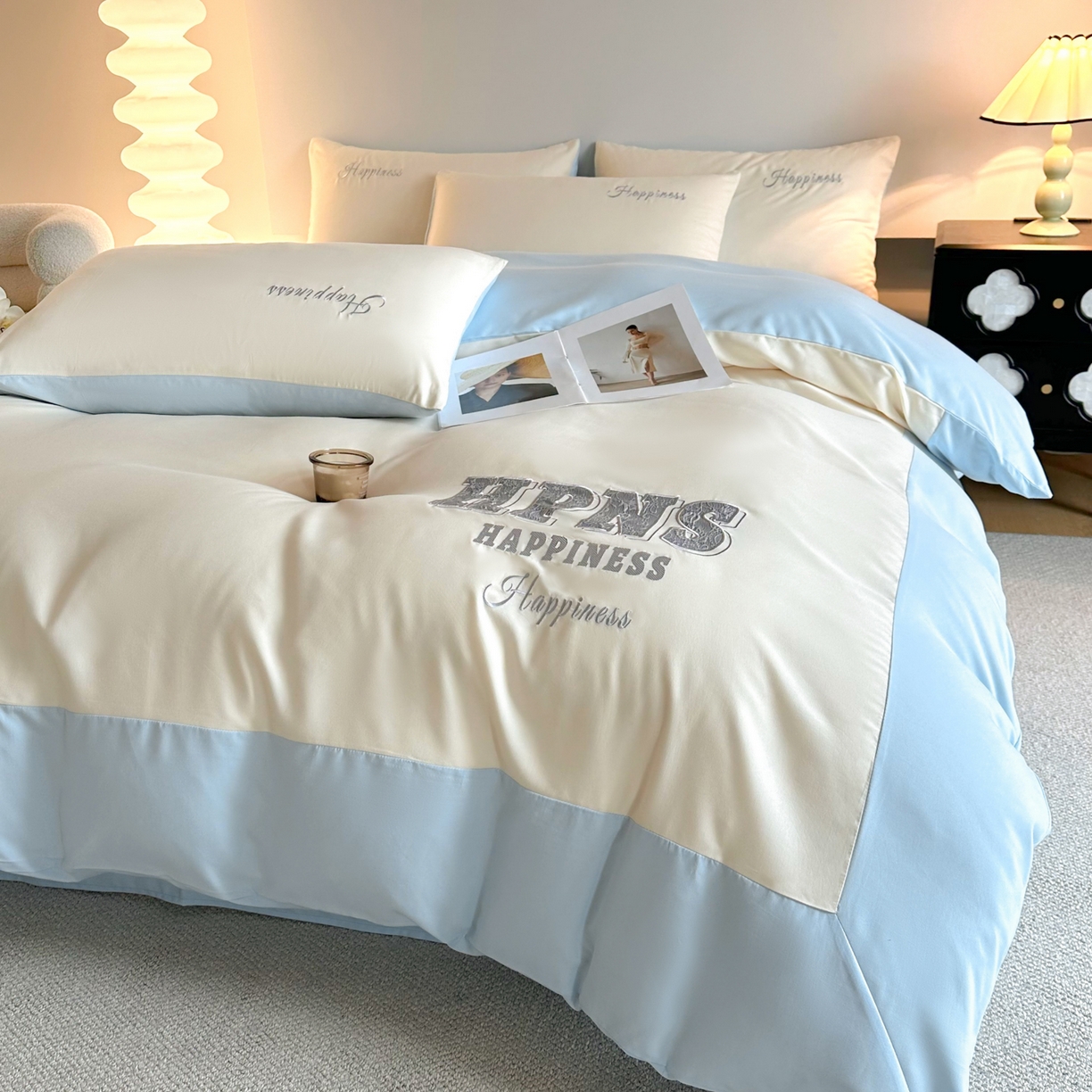 麦空家居 2026新款提花大拼角贴布水洗棉四件套 奶昔白