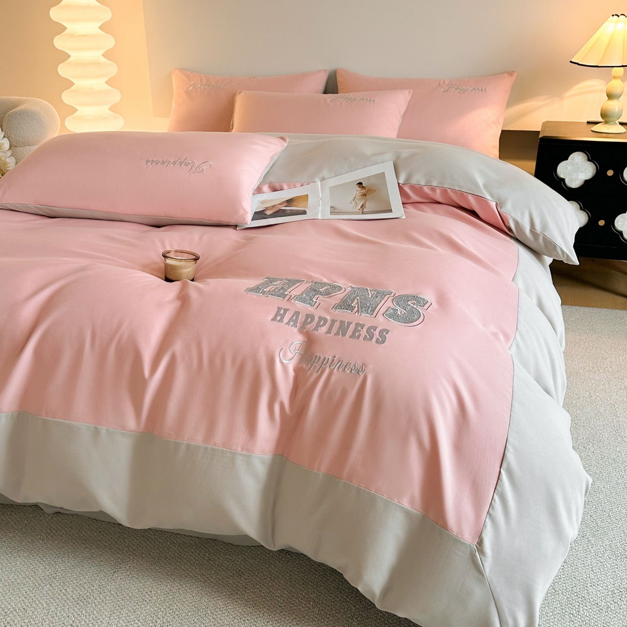 麦空家居 2026新款提花大拼角贴布水洗棉四件套 奶油粉