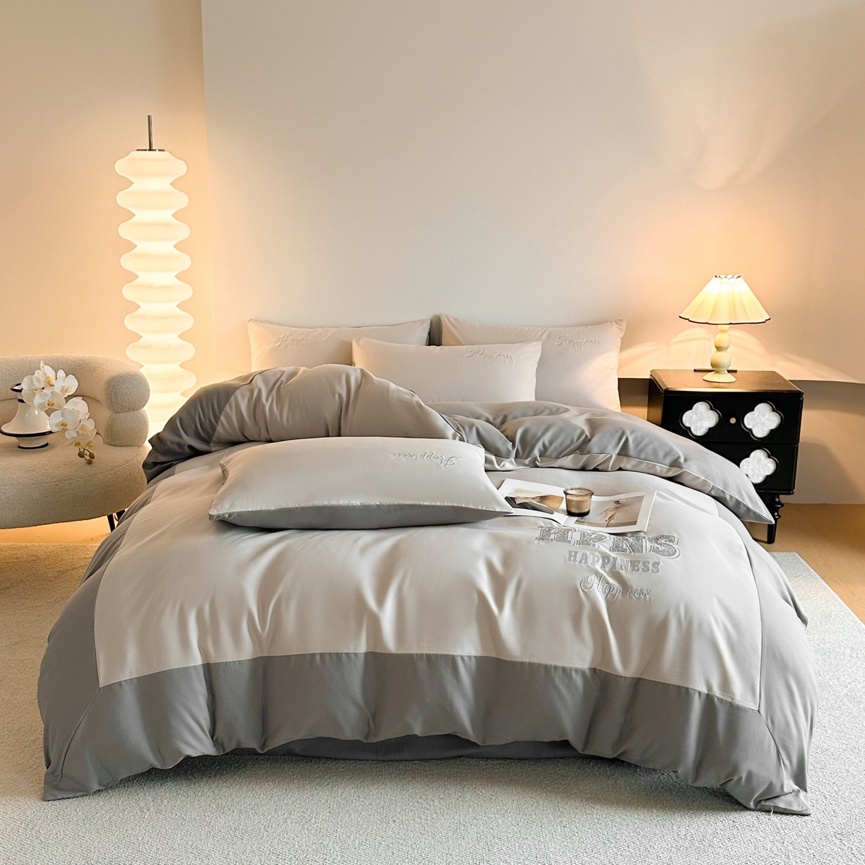 91家纺网 家纺一手货源 找家纺 麦空家居 2026新款提花大拼角贴布水洗棉四件套 山灰