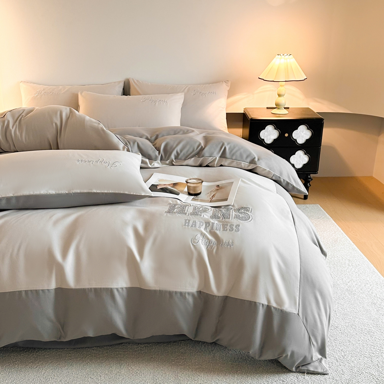 91家纺网 家纺一手货源 找家纺 麦空家居 2026新款提花大拼角贴布水洗棉四件套 山灰