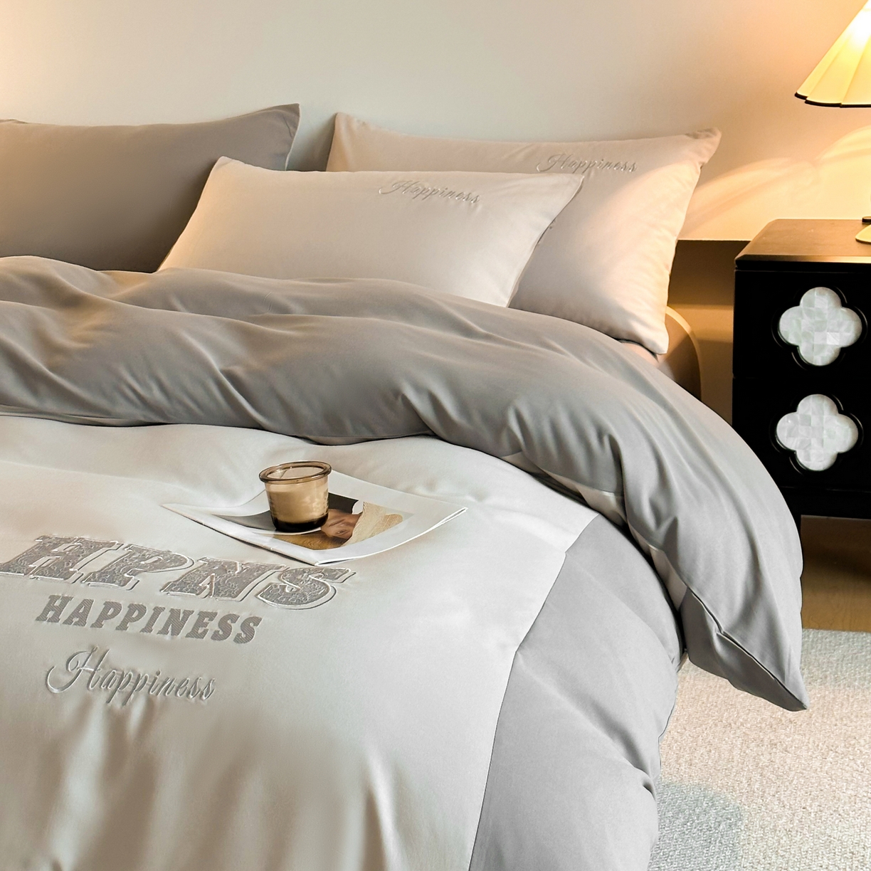 91家纺网 家纺一手货源 找家纺 麦空家居 2026新款提花大拼角贴布水洗棉四件套 山灰