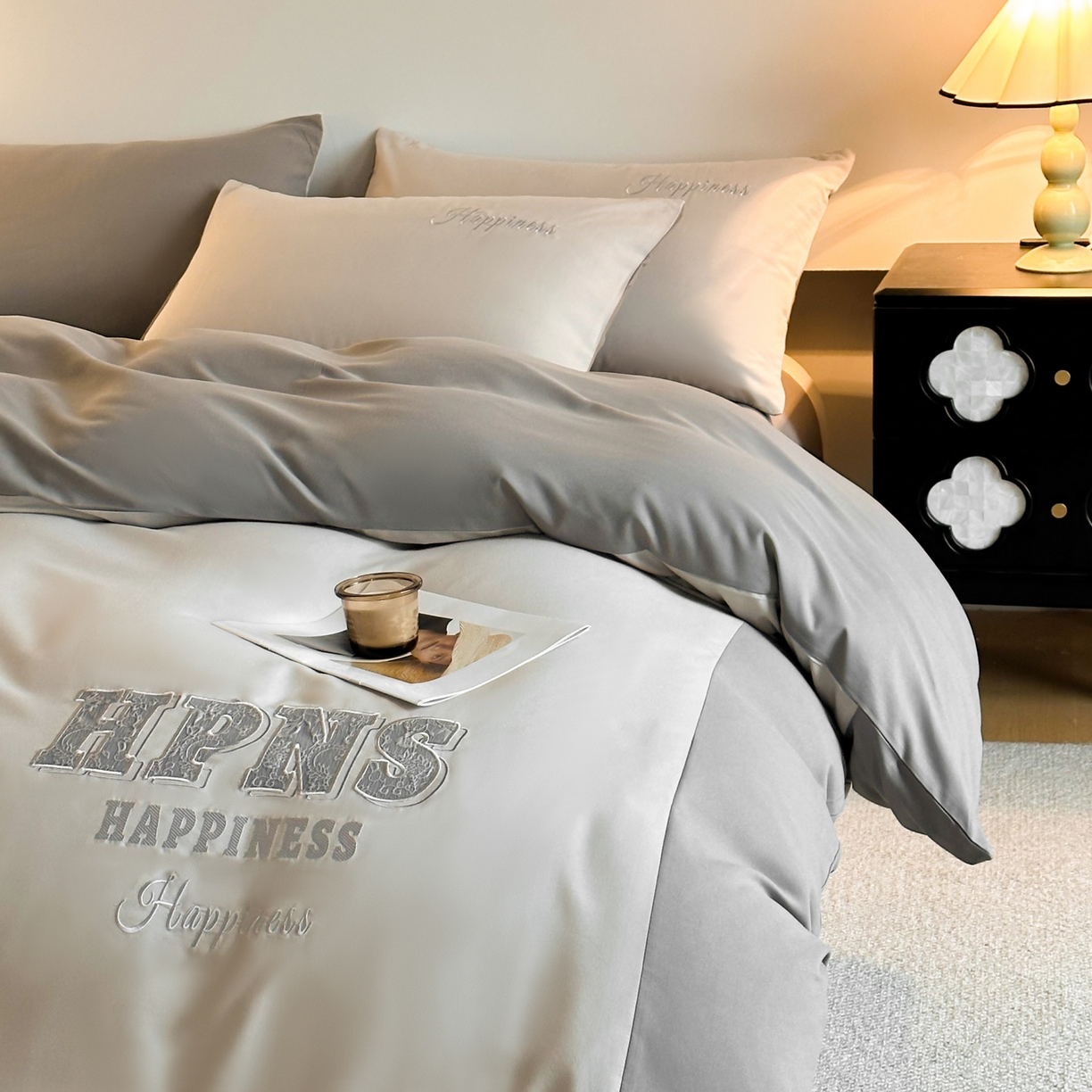 91家纺网 家纺一手货源 找家纺 麦空家居 2026新款提花大拼角贴布水洗棉四件套 山灰