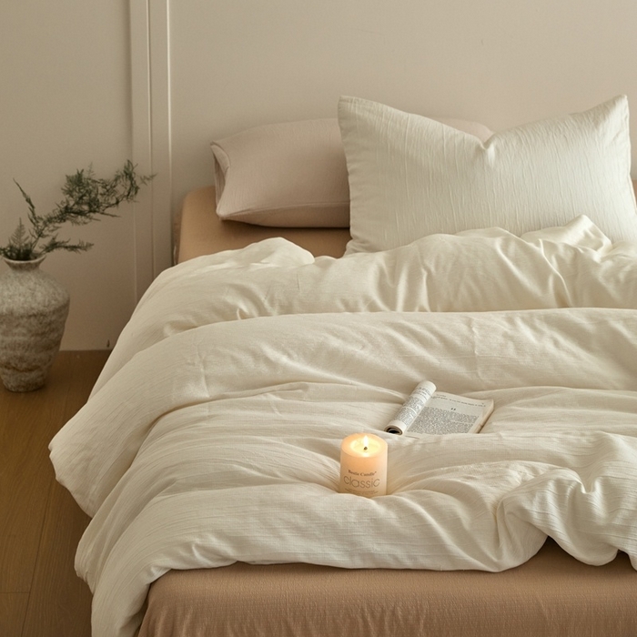 91家纺网 家纺一手货源 找家纺 （总）麦空家居 2025新款无印风竹麻皱纱简约纯色四件套