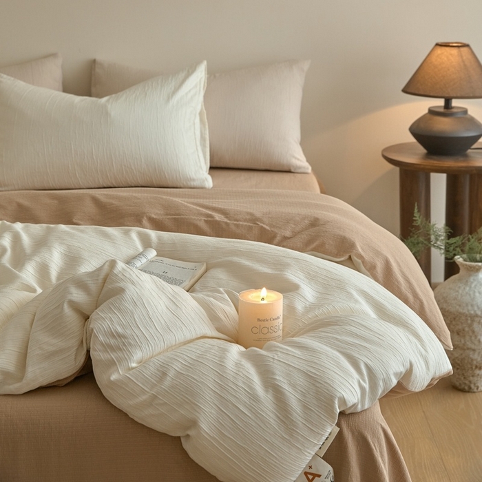 91家纺网 家纺一手货源 找家纺 （总）麦空家居 2025新款无印风竹麻皱纱简约纯色四件套