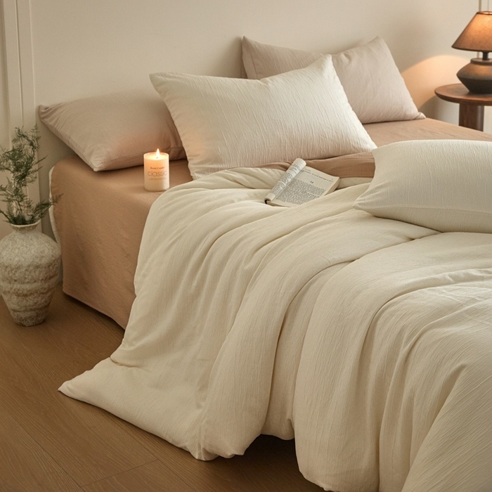 麦空家居 2025新款无印风竹麻皱纱简约纯色四件套 奶昔白-卡其