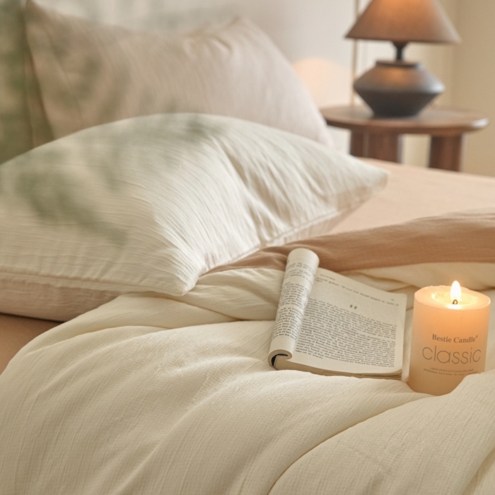 91家纺网 家纺一手货源 找家纺 麦空家居 2025新款无印风竹麻皱纱简约纯色四件套 奶昔白-卡其