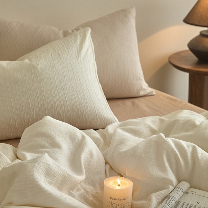 91家纺网 家纺一手货源 找家纺 麦空家居 2025新款无印风竹麻皱纱简约纯色四件套 奶昔白-卡其